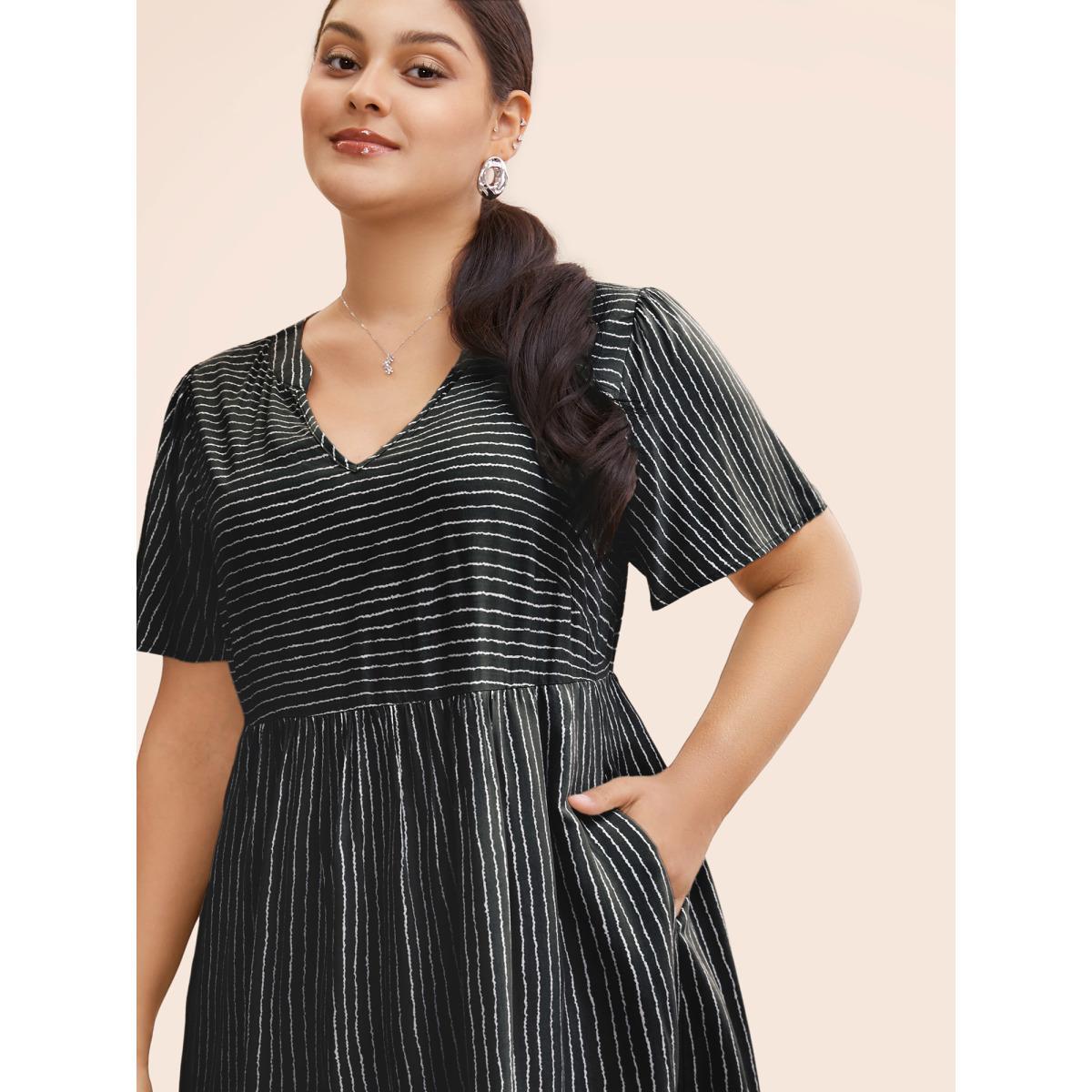 Plus Size Striped Patchwork Notched Flutter Layered Babydoll Dress Black Women Office Gathered Notched collar Short sleeve Curvy Midi Dress BloomChic 28/5X Product Image