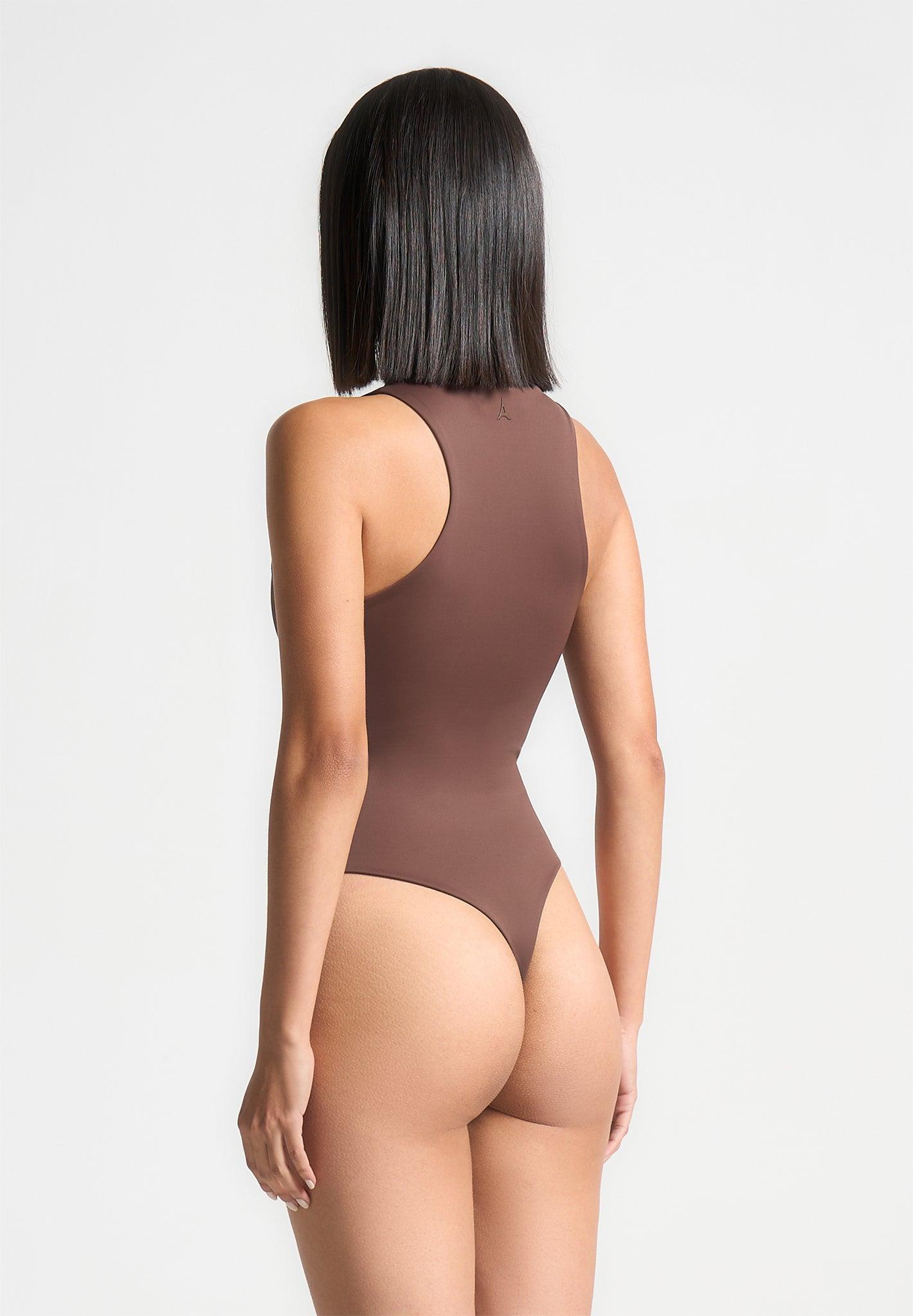 Inès - Double Layer Racer Neck Bodysuit - Brown Female Product Image