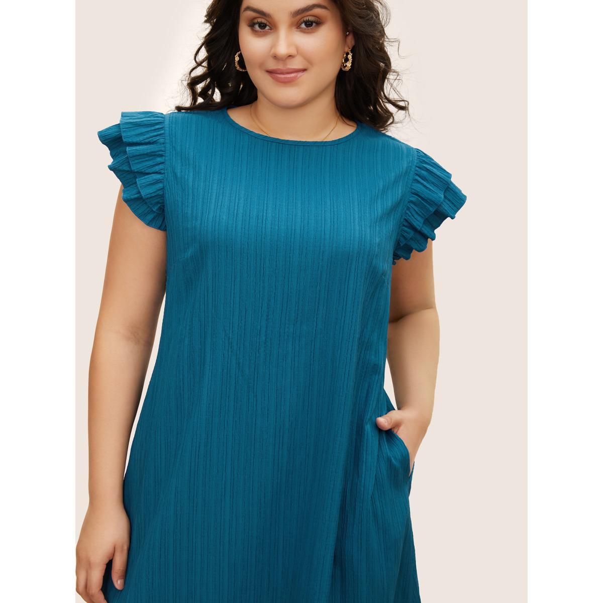 Plus Size Textured Tiered Ruffle Cap Sleeve Dress Mediumblue Women Elegant Ruffles Round Neck Cap Sleeve Curvy BloomChic 30/6X Product Image