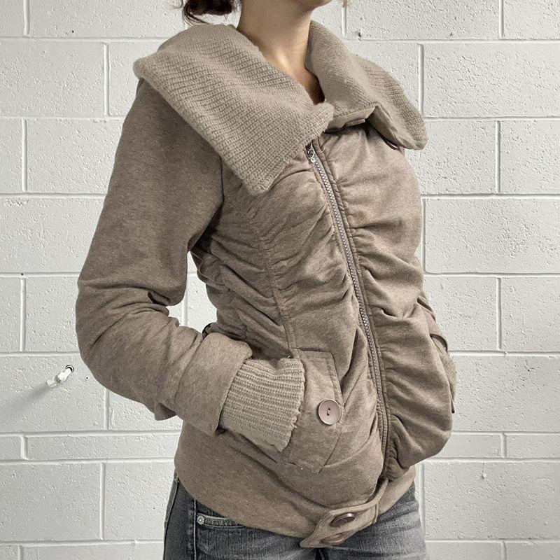 Long Sleeve Collar Plain Knit Panel Ruched Zip-Up Jacket Product Image