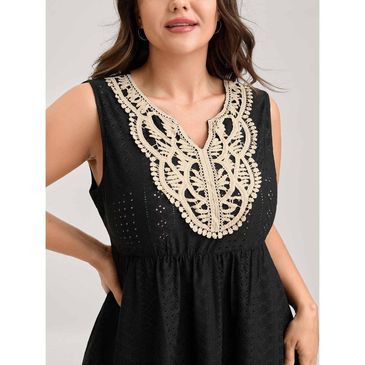 Plus Size Textured Floral Lace Neck Long Tank Top Women Black Boho Overlapping Flat collar with V-notch Vacation Tank Tops Camis BloomChic 18-20/2X Product Image