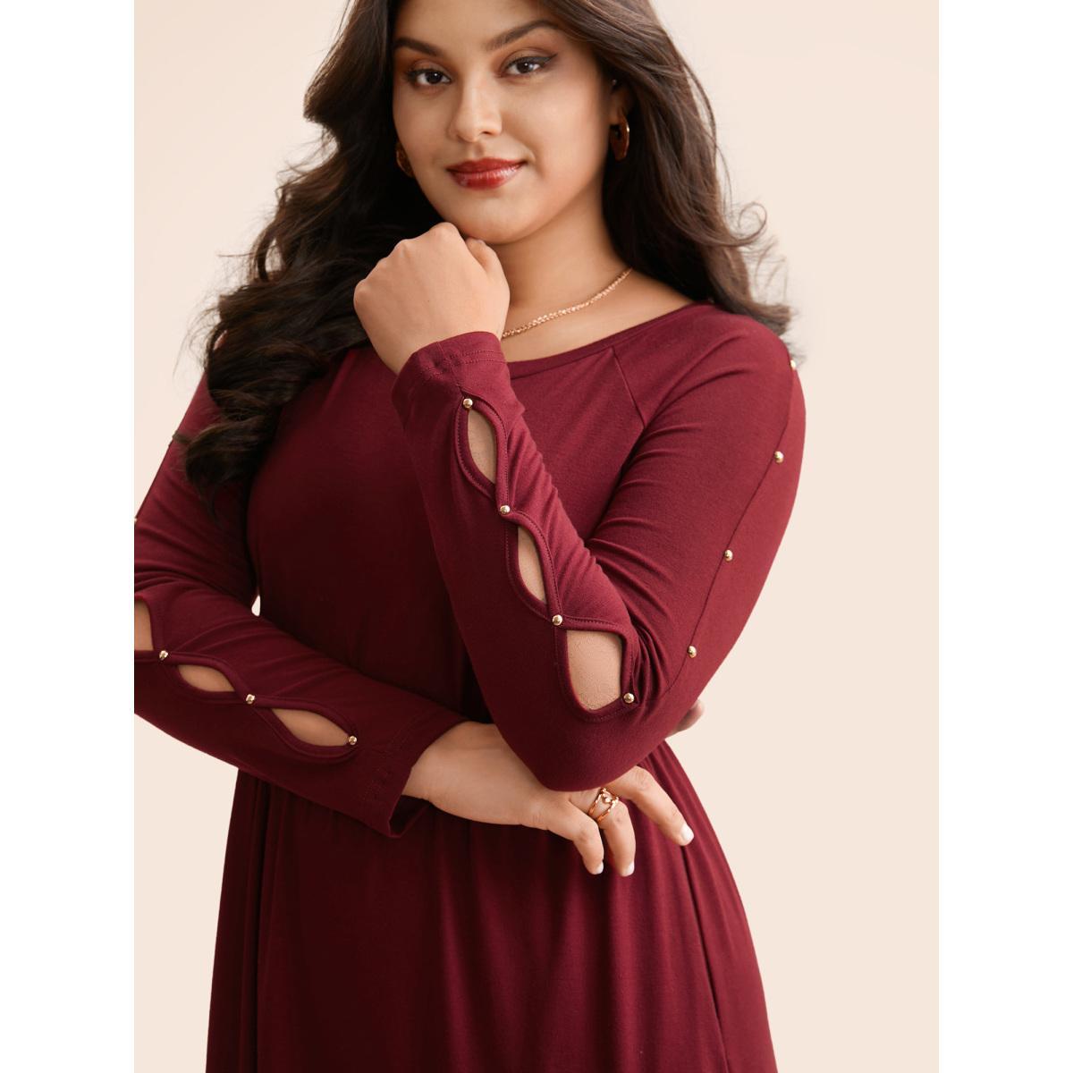 Plus Size Pearl Beaded Cut Out Midi Dress Burgundy Women Elegant Beaded Round Neck Long Sleeve Curvy BloomChic 10/M Product Image
