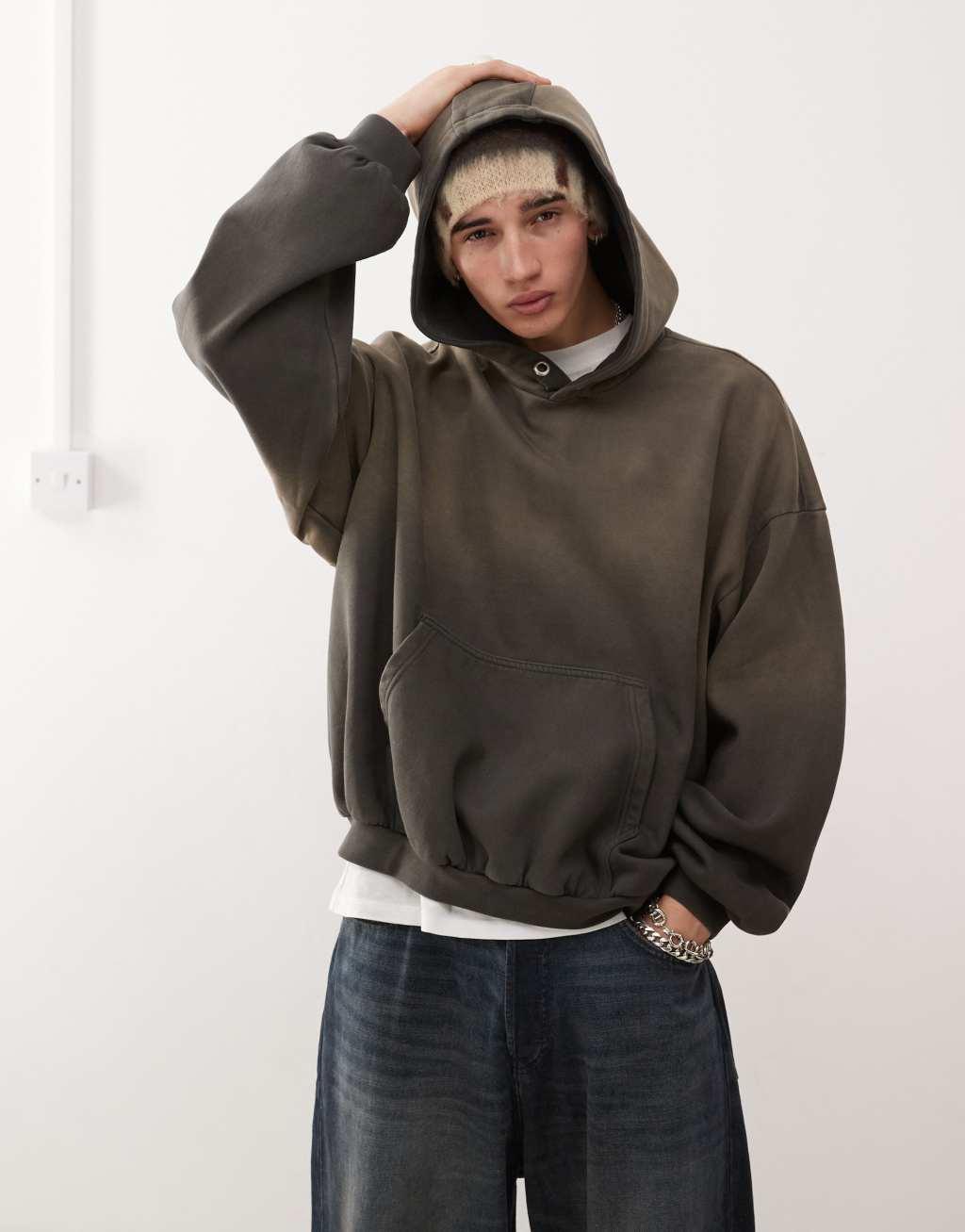 Weekday Leon heavyweight jersey oversized hoodie in washed gray Product Image