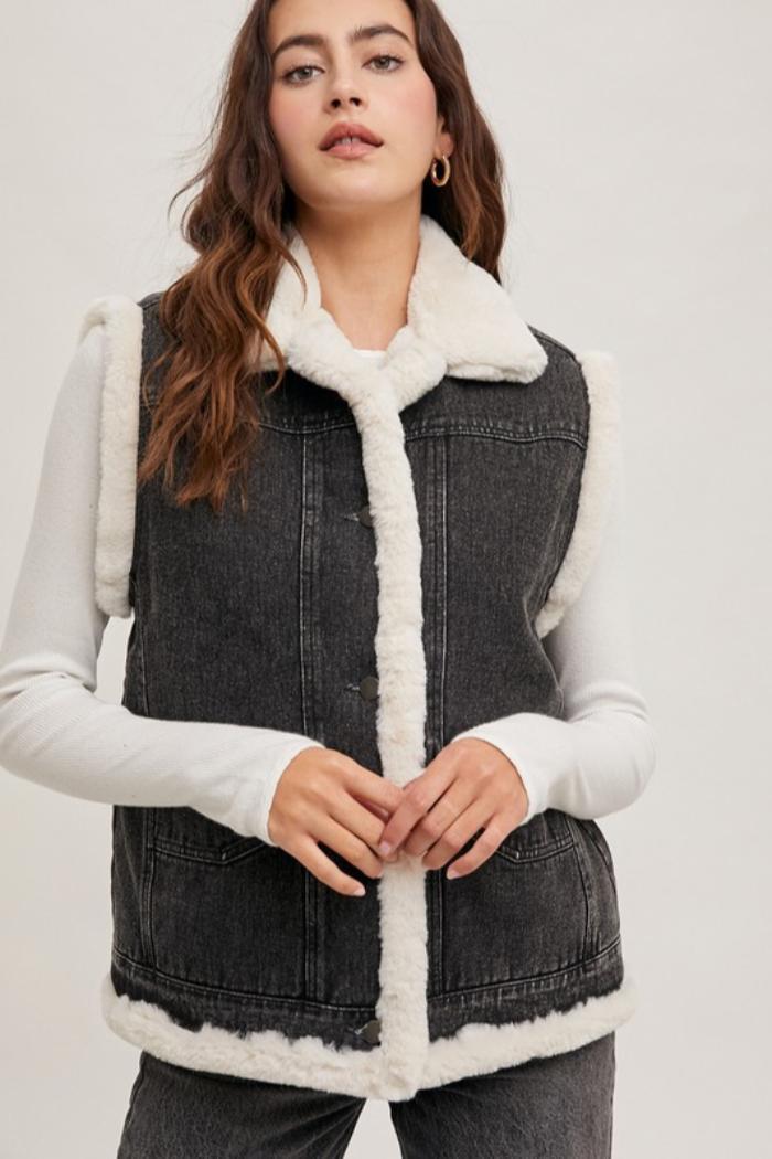 Faux Fur Denim Vest Product Image