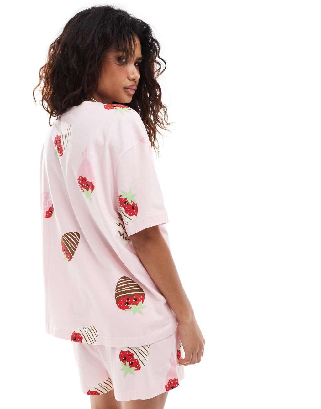 ASOS DESIGN valentines chocolate strawberry oversized tee & short pajama set in pink Product Image