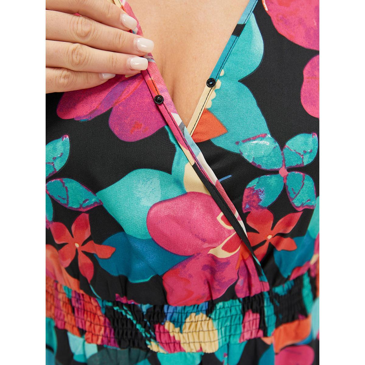 Plus Size Floral Shirred Overlap Collar Batwing Sleeve Dress Black Women Elegant Wrap V-neck Cap Sleeve Curvy Midi Dress BloomChic 14-16/1X Product Image