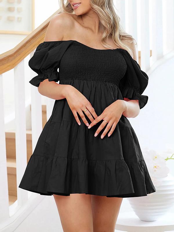 Loose Puff Sleeves Elasticity Pleated Solid Color Split-Joint Tiered Off-the-shoulder Mini Dresses Product Image