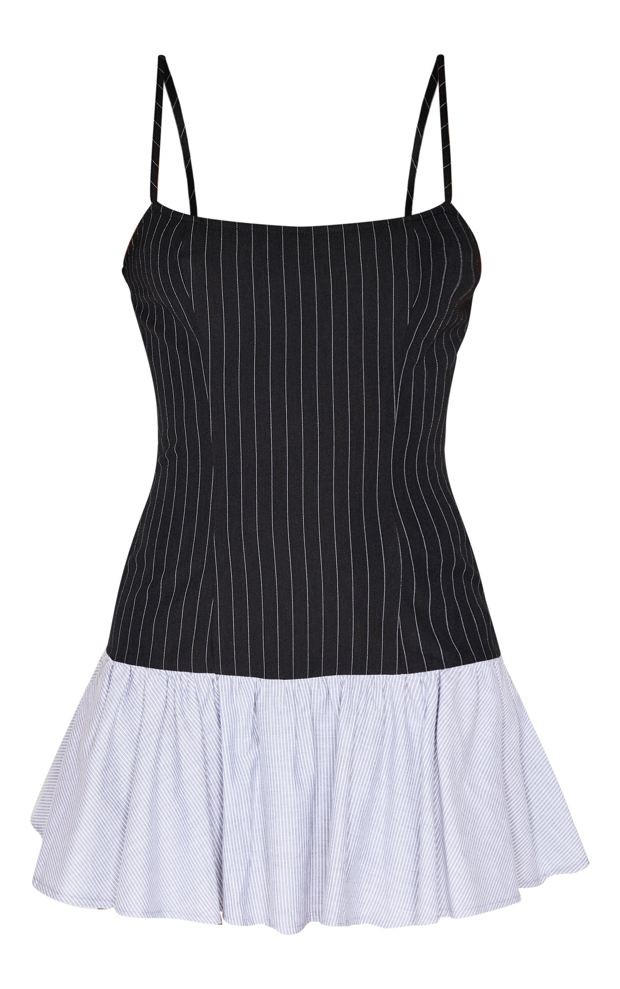 Black Contrast Pinstripe Frill Hem Shift Dress Product Image