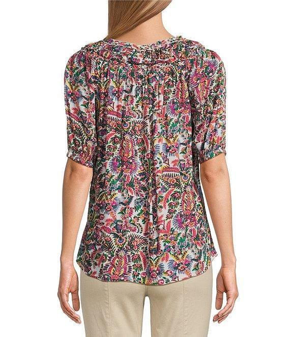 Intro Petite Size Crinkle Gauze Printed Scoop Neck Elbow Sleeve Button Front Peasant Top Product Image