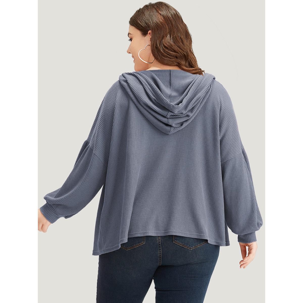 Plus Size Plain Texture Pocket Button Through Drawstring Hooded Jacket Women Stone Texture Pocket Dailywear Jackets BloomChic 12/L Product Image