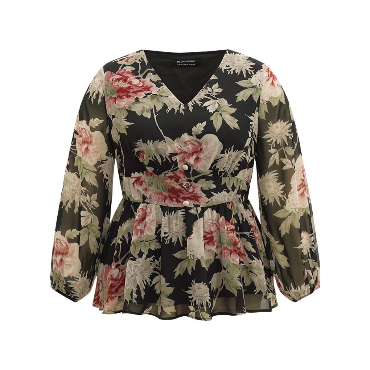 Plus Size Black Floral Flutter Hem Elastic Waist Blouse Women Elegant Long Sleeve V-neck Everyday Blouses BloomChic 28/5X Product Image