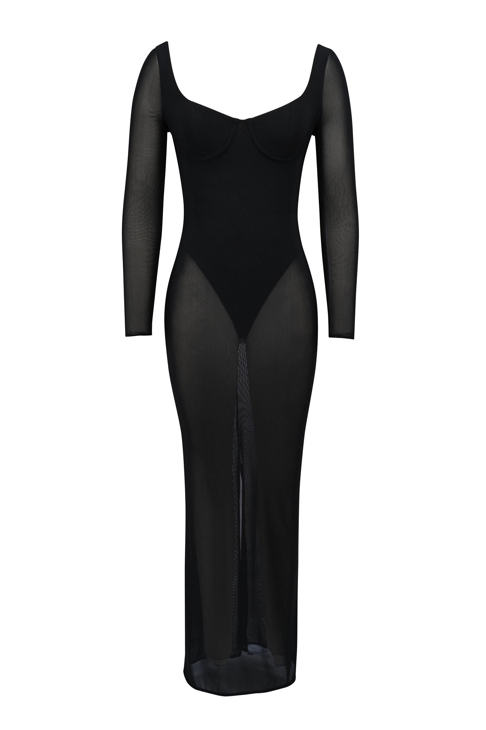 Everly Black Mesh Maxi Dress with Bodysuit Product Image