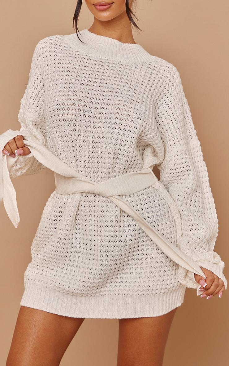 Petite Cream Soft Touch Belted Knit Sweater Dress Product Image