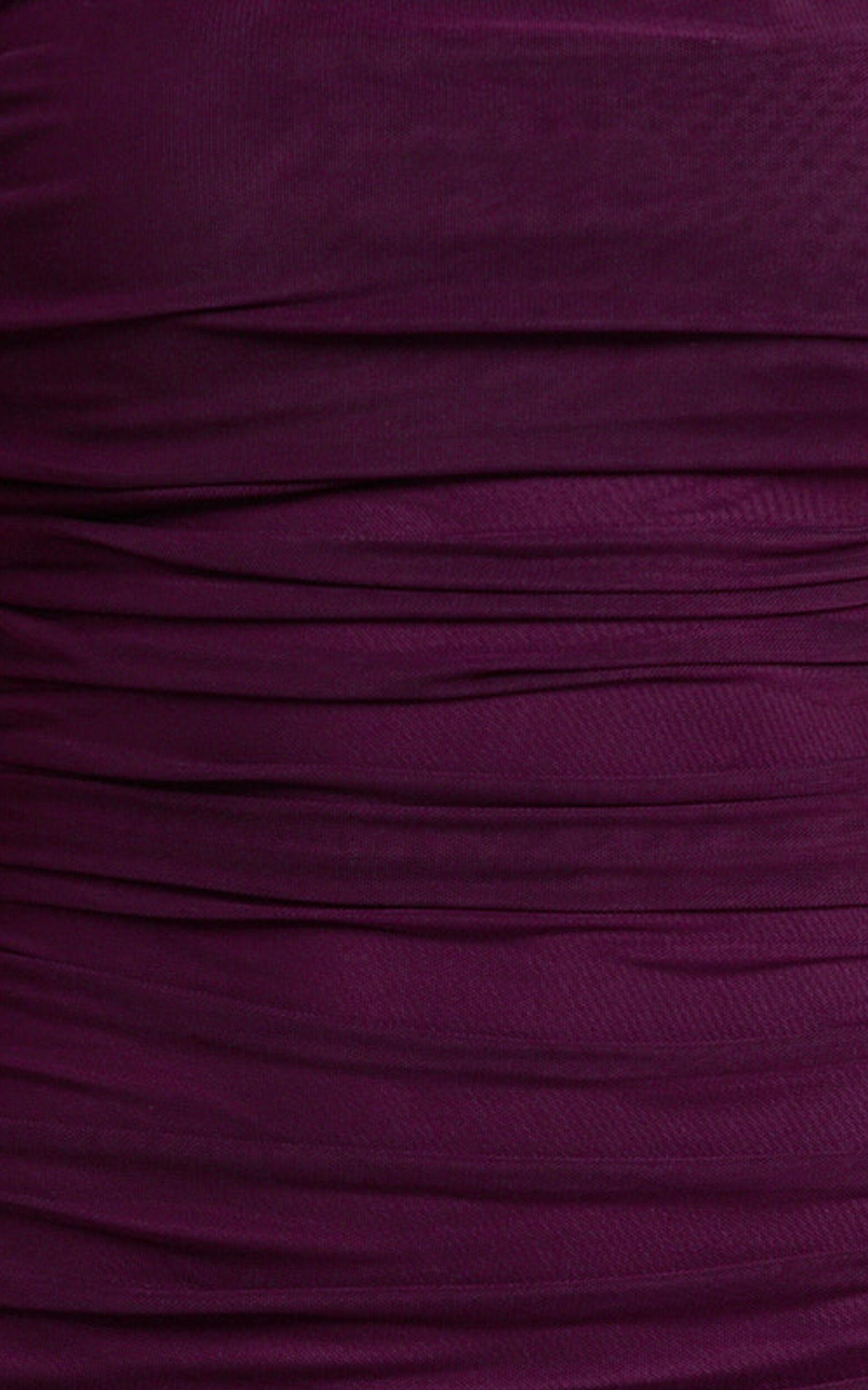 Hermie Mini Dress - Off Shoulder Ruched Mesh Draped Dress in Wine Product Image