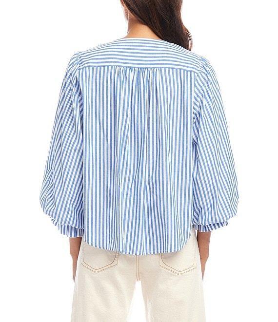 Karen Kane Cotton Stripe V-Neck 3/4 Puff Sleeve Button Front Blouse Product Image