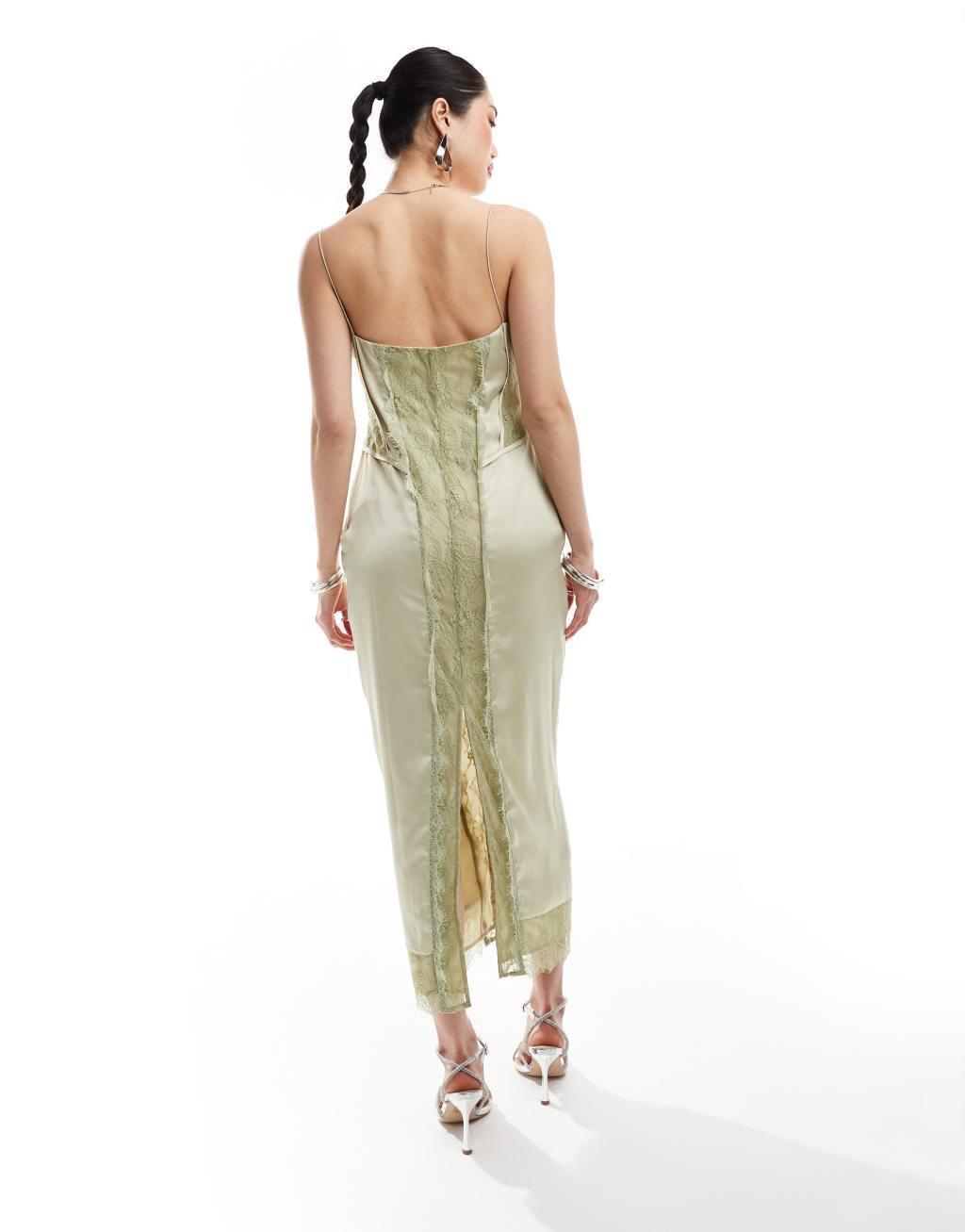 ASOS DESIGN satin patchwork lace midi dress with hook and eye detail in sage green Product Image