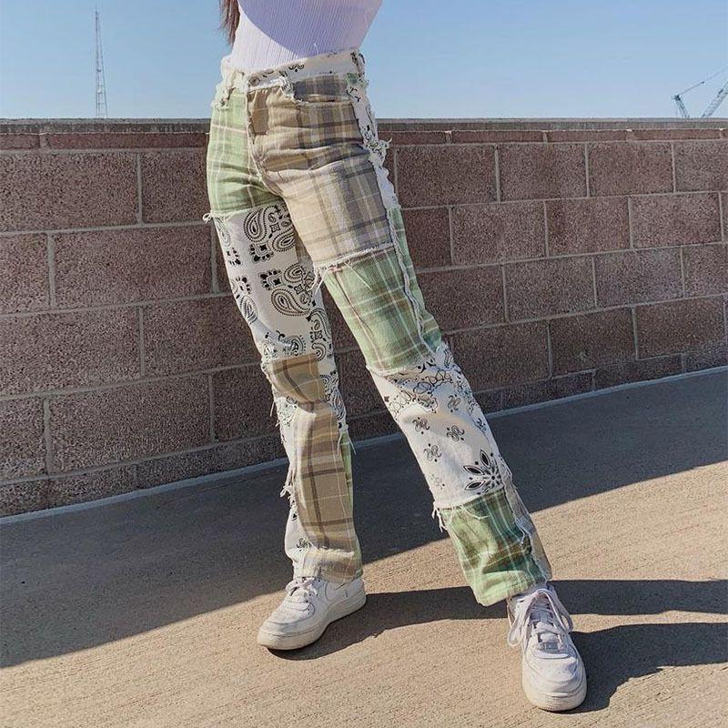 Plaid Panel Straight Leg Pants Product Image