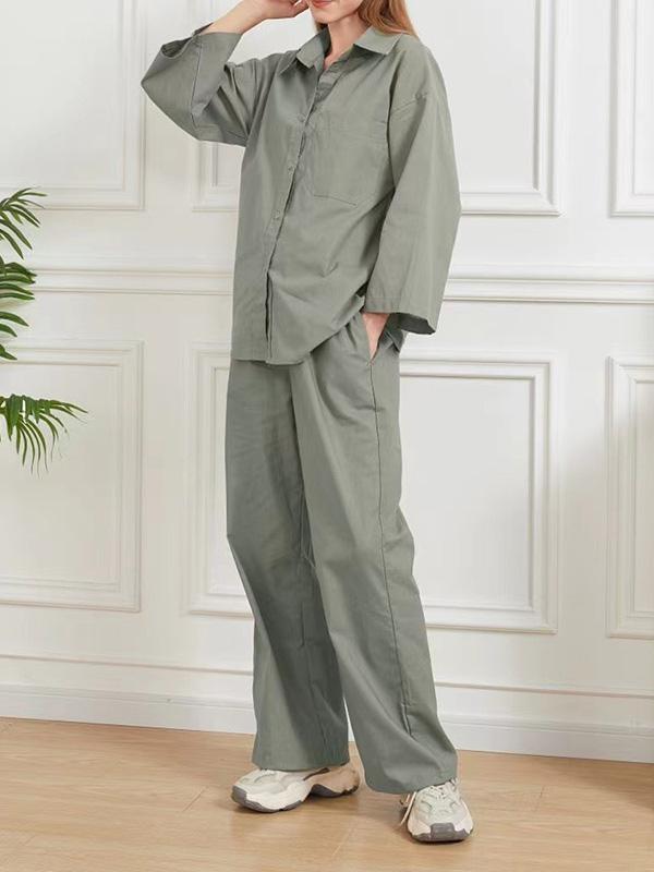 Loose Solid Color Split-Joint Long Sleeves Lapel Blouse + Pants Two Pieces Set Product Image