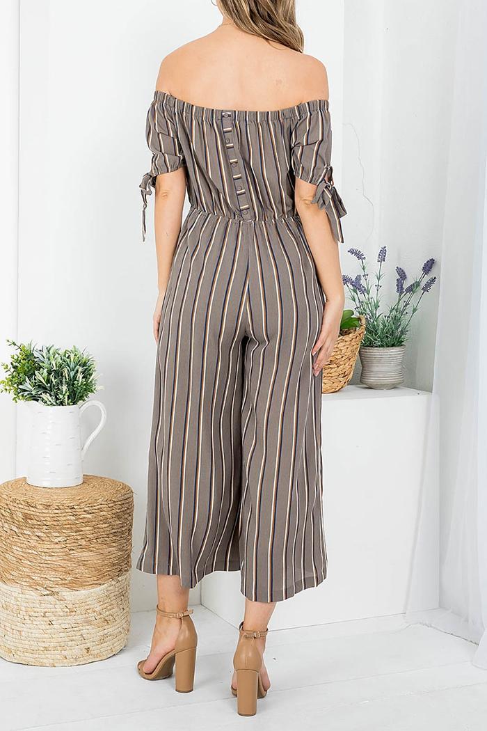 Stripe Off Shoulder Tie Sleeve Jumps Product Image