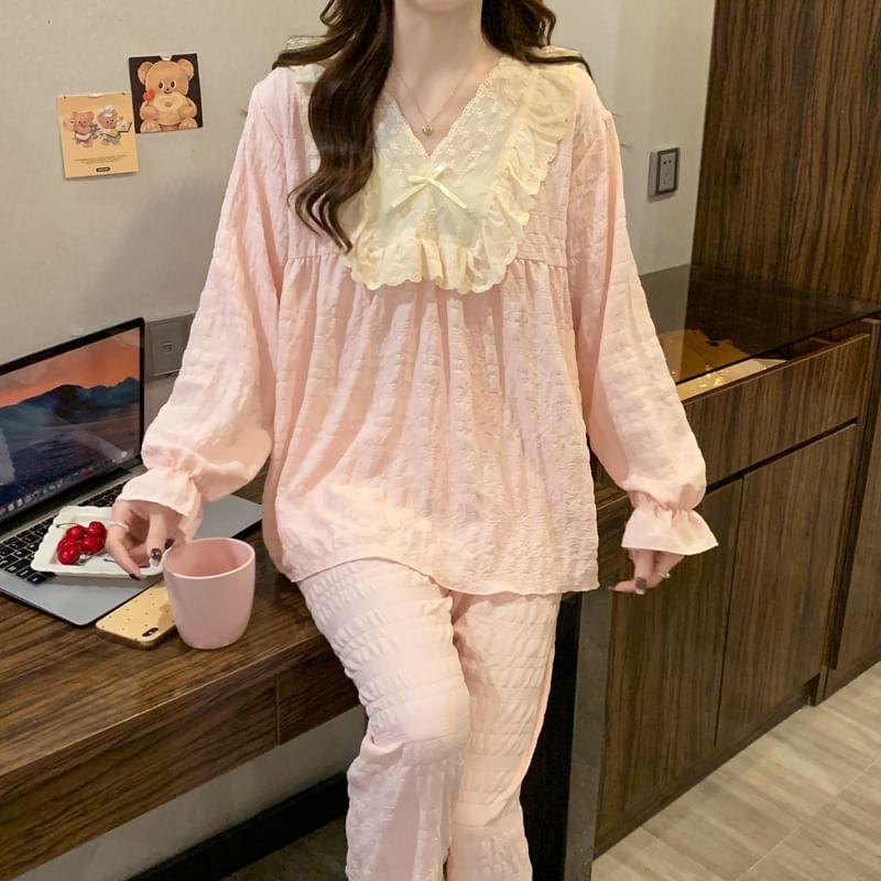 Pajama Set: Long-Sleeve Floral Embroidered Bow Accent Ruffle Trim Top + Pants Product Image