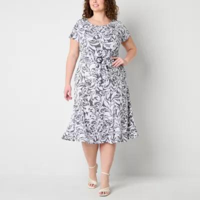 Perceptions Womens Short Sleeve Scroll Midi Fit + Flare Dress Plus Product Image