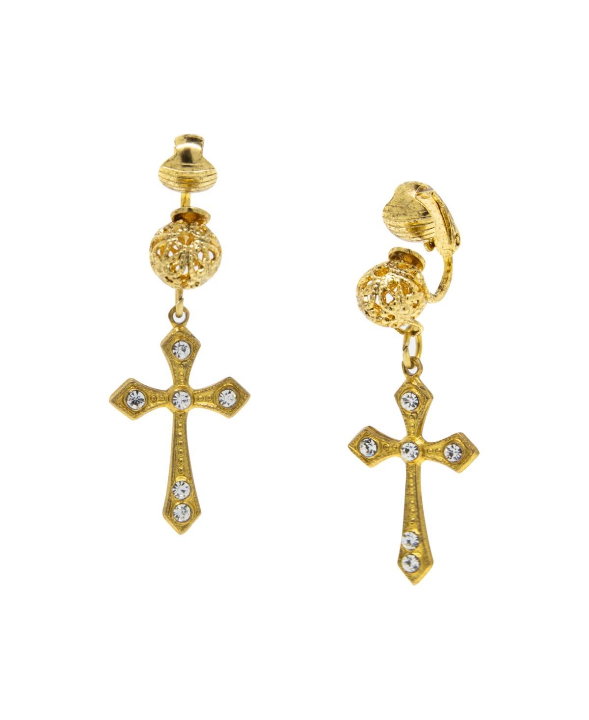 Symbols of Faith 14K Gold Dipped Crystal Cross Clip Earrings, Womens, Gold Tone Product Image