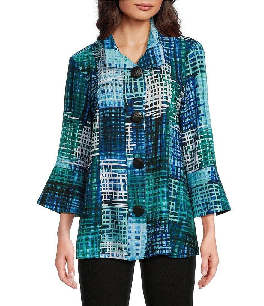 Ali Miles Knit Mesh Abstract Print Stand Collar 3/4 Sleeve Button-Front Jacket Product Image