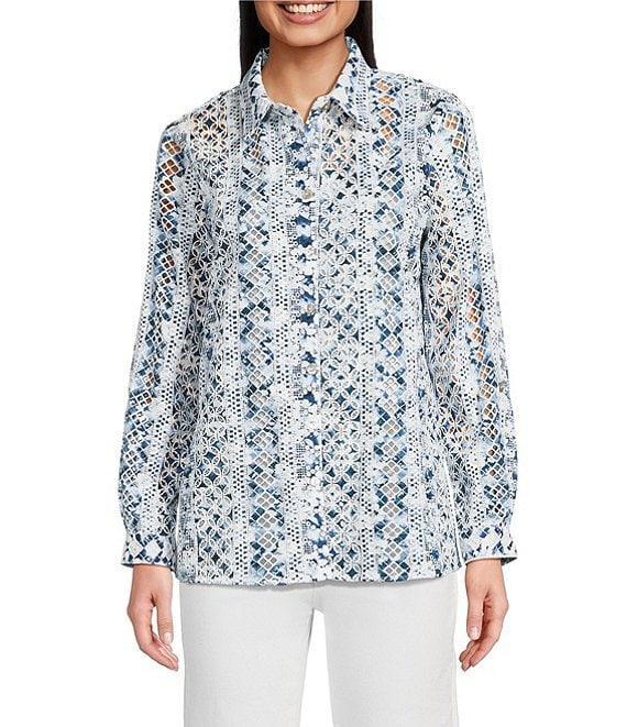 John Mark Allover Embroidered Eyelet Printed Point Collar Long Roll-Tab Sleeve Button Front Tunic Product Image
