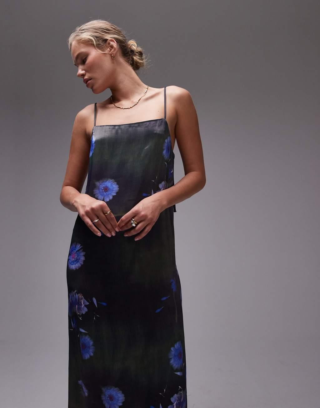 Topshop satin square neck cami midi dress floral print  Product Image