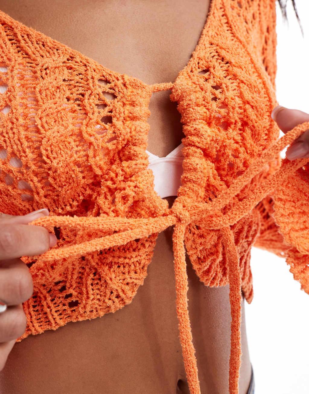 Emory Park crochet key hole cardigan in orange  Product Image