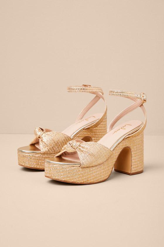 Rosamond Gold Raffia Knotted Platform High Heel Sandals Product Image