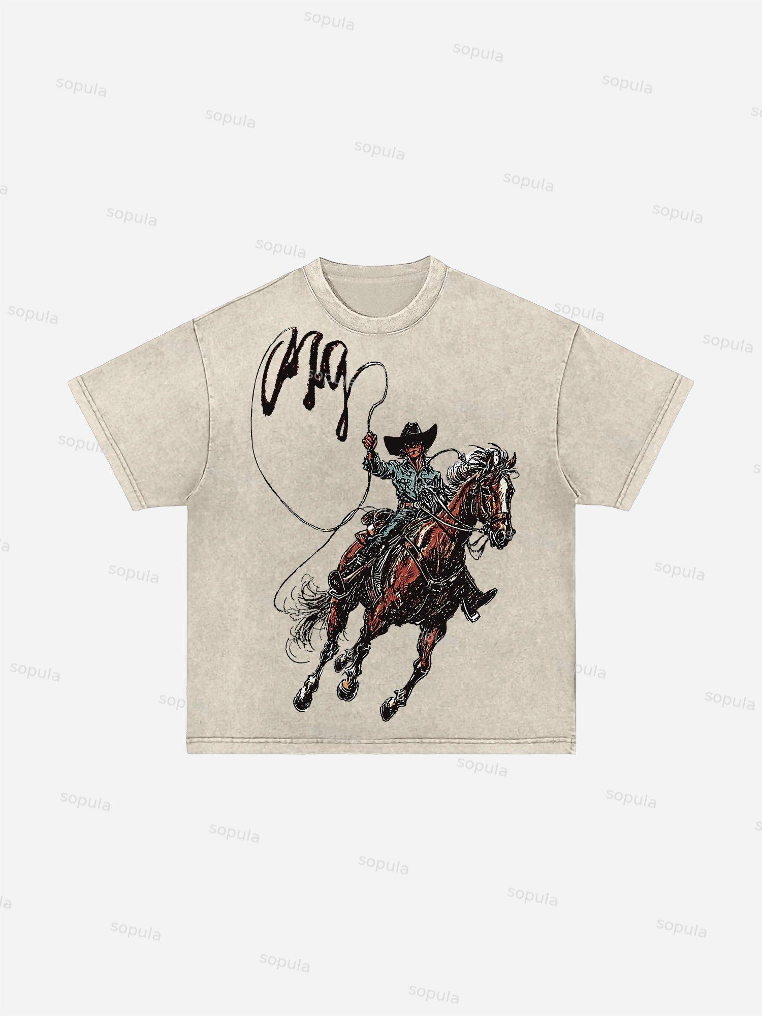 Men's Vintage Western Cowboy Graphic Acid Wash T-shirt Product Image