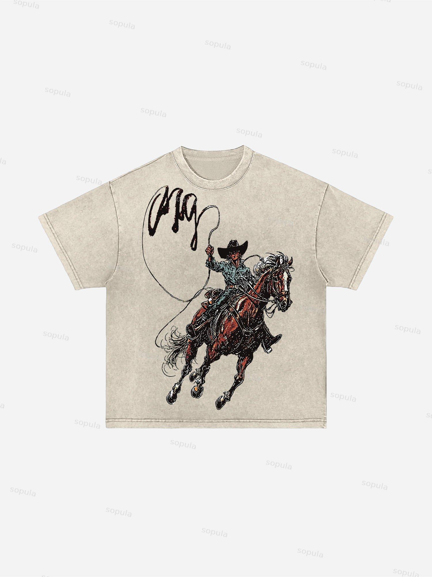 Men's Vintage Western Cowboy Graphic Acid Wash T-shirt Product Image