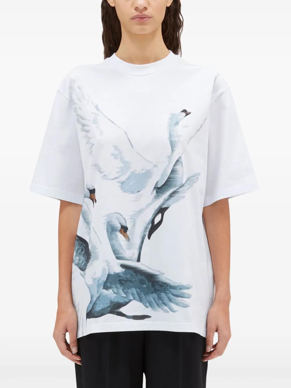 MSGM Swan-print Cotton T-shirt In Weiss Product Image