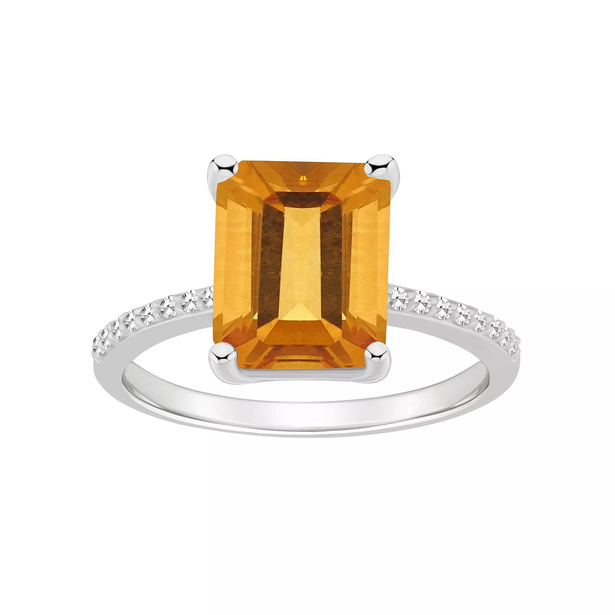 Alyson Layne Sterling Silver 10 mm x 8 mm Emerald Cut Gemstone & 1/10 Carat T.W. Diamond Ring, Women's, Citrine Product Image