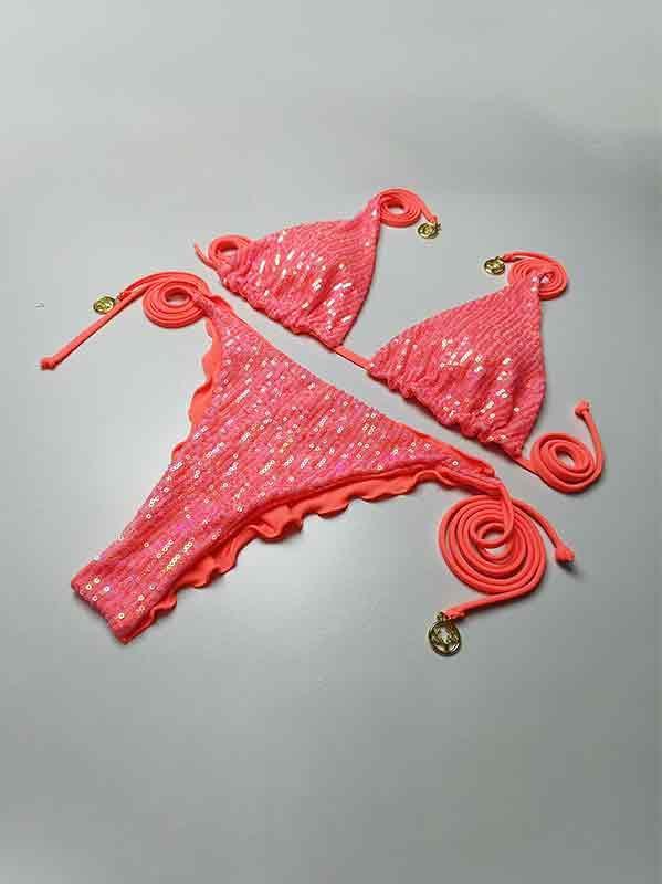 Sequined Lace Up Multicolor Bikinis Product Image
