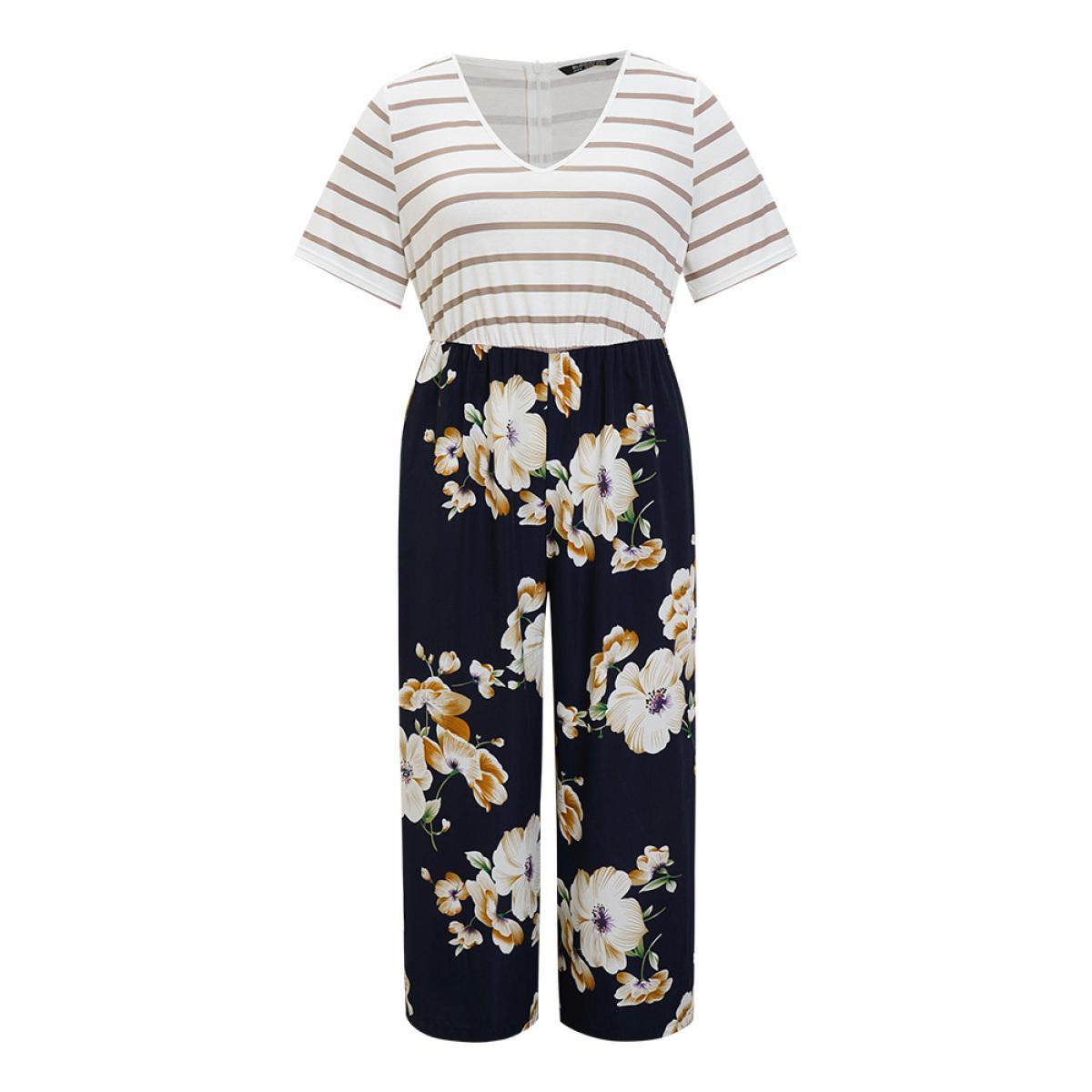 Plus Size DarkBlue Striped & Floral Patchwork Pocket Jumpsuit Women Elegant Short sleeve V-neck Dailywear Loose Jumpsuits BloomChic 28/5X Product Image