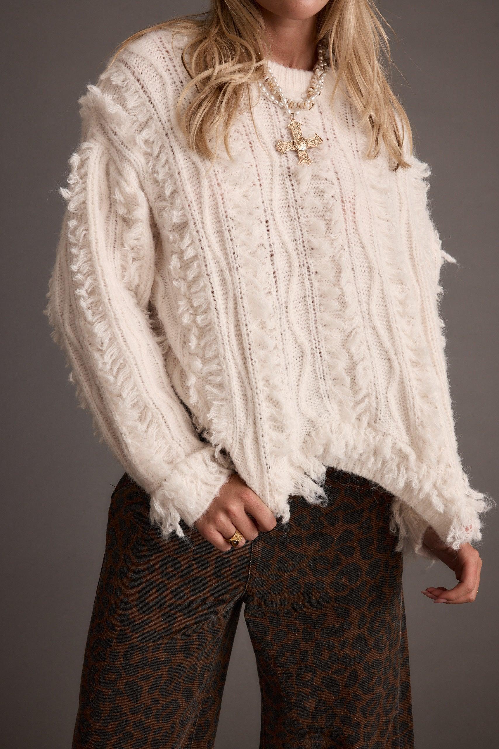 Lorie Beige Fringe Sweater Product Image