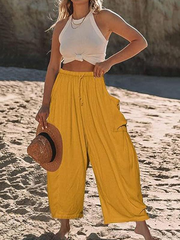 High Waisted Loose Drawstring Elasticity Pleated Pockets Solid Color Ninth Pants Trousers Product Image
