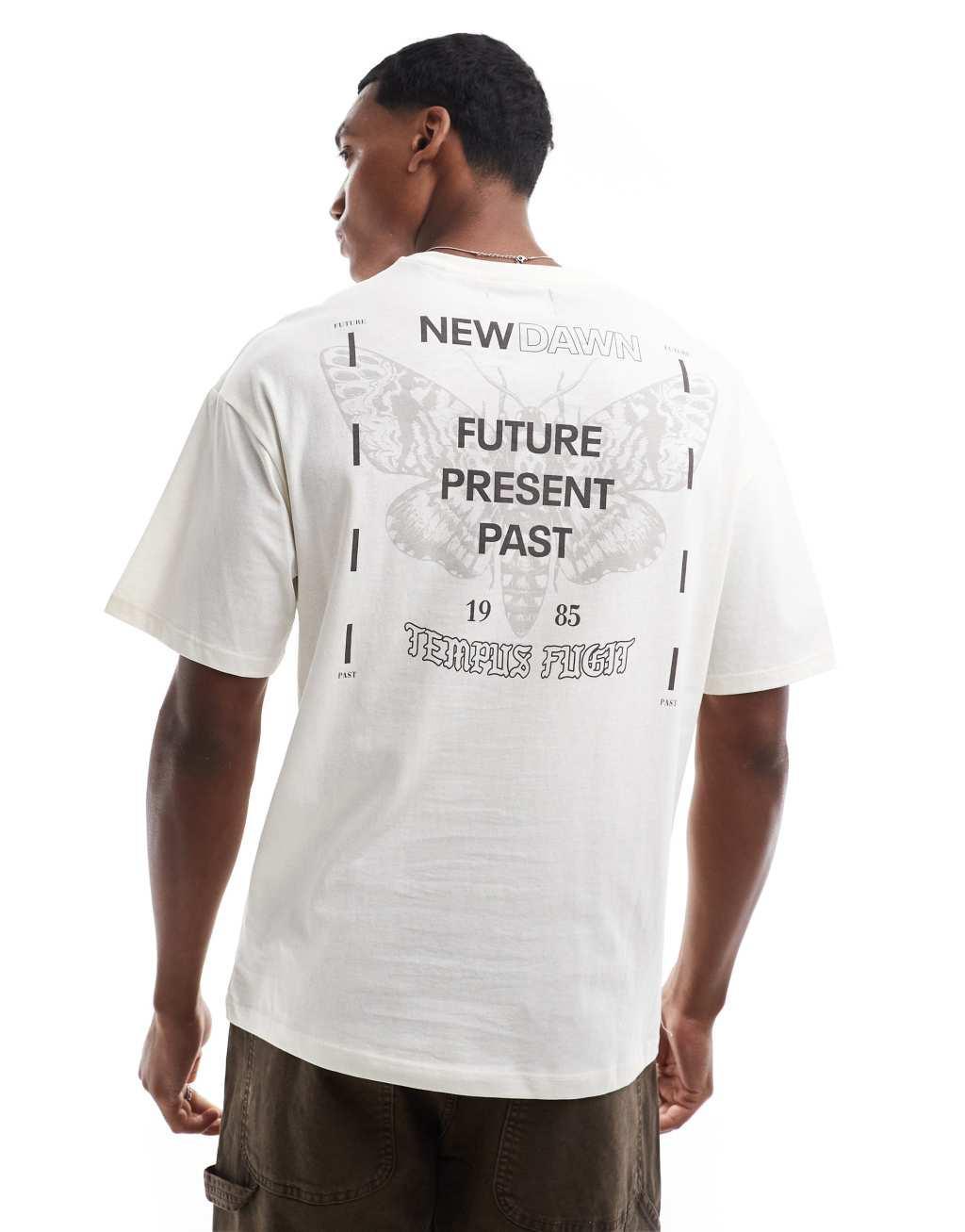 ADPT oversized T-shirt with butterfly text backprint in cream Product Image