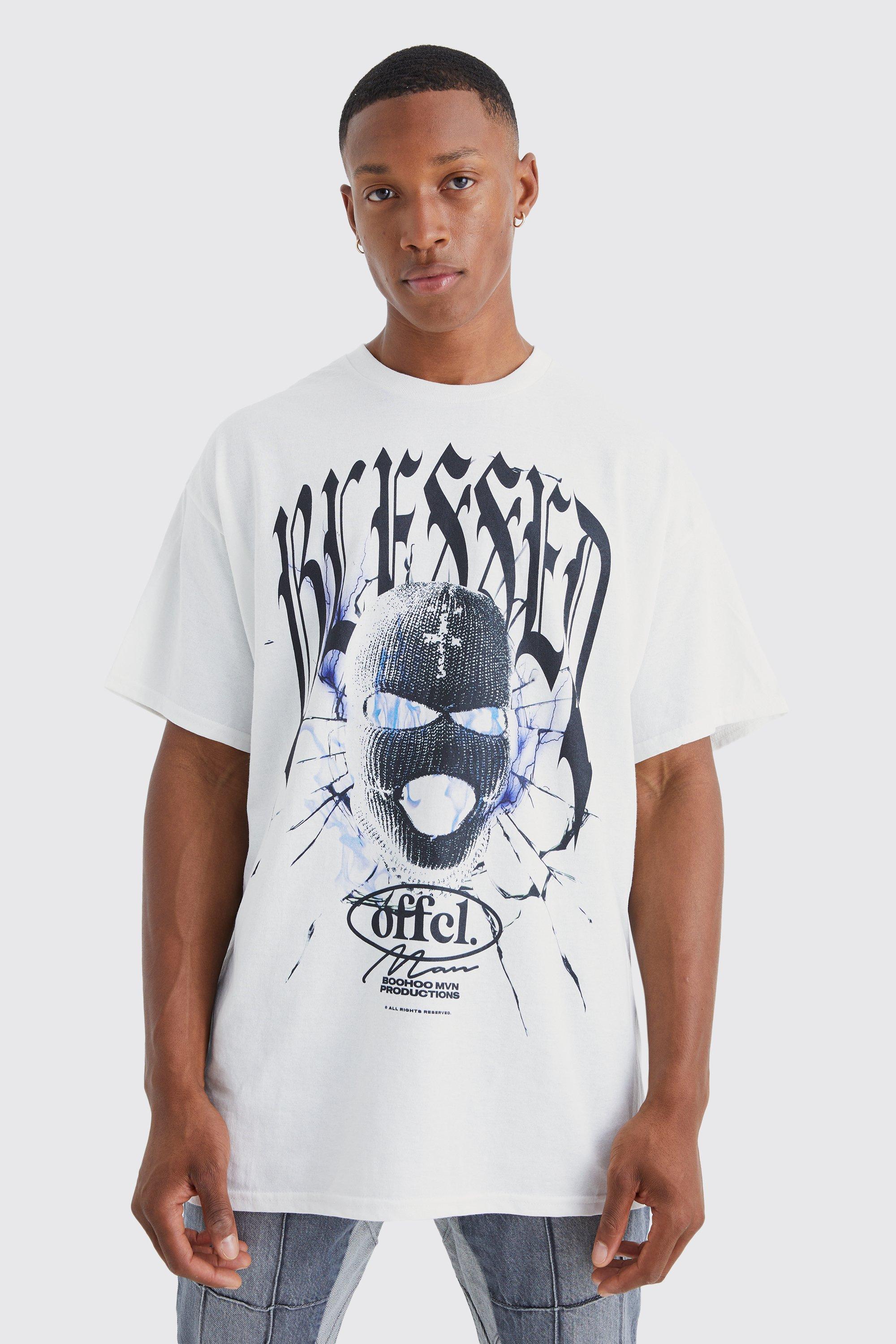 Mens White Oversized Blessed Graphic T-shirt, White Product Image