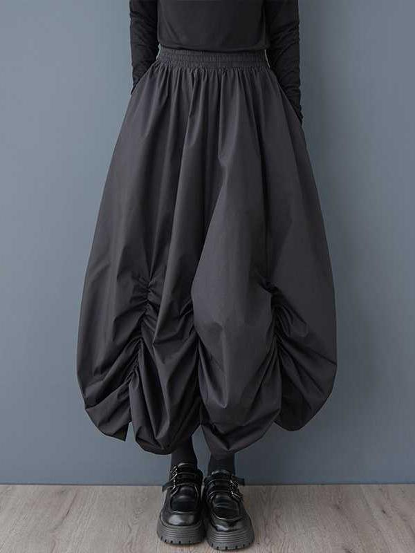 Loose Wide Leg Elasticity Pleated Pockets Solid Color Culotte Ninth Pants Product Image