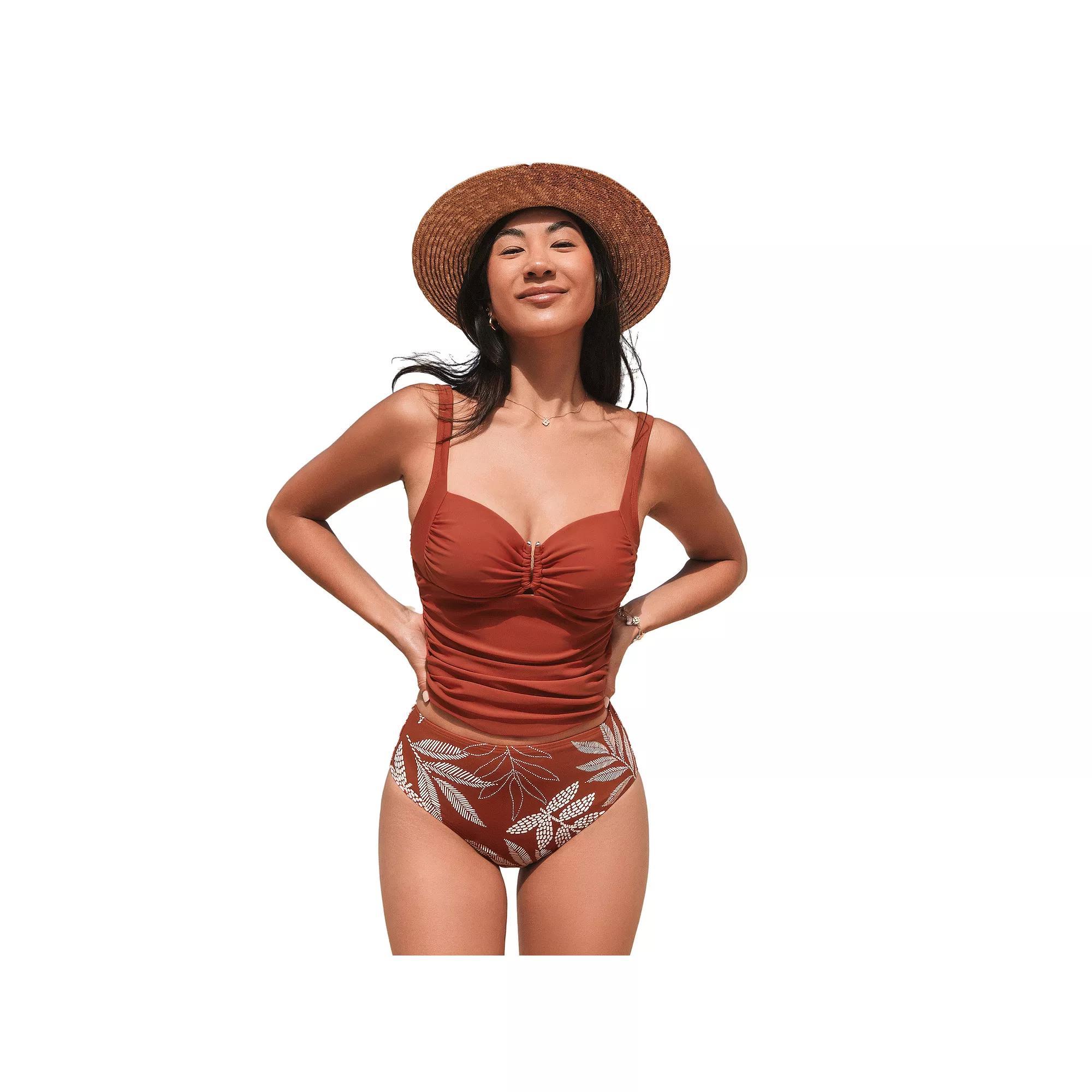 Women's Cupshe 2-pc. Sweetheart Neck Ruched Tankini Swim Top & Swim Bottoms Set, Size: Medium, Brown Product Image