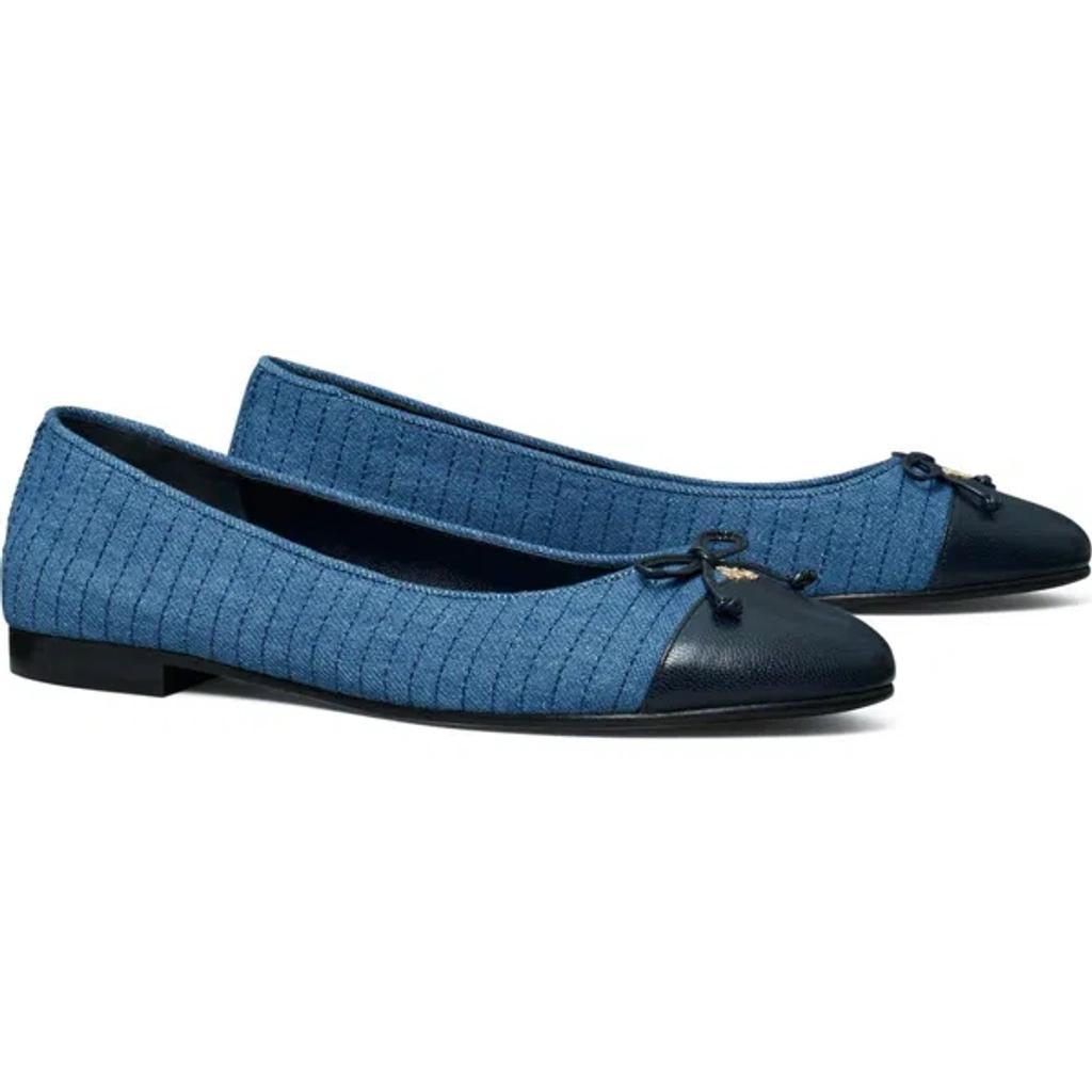 TORY BURCH Embellished Leather-trimmed Ballet Flats In Blue Product Image