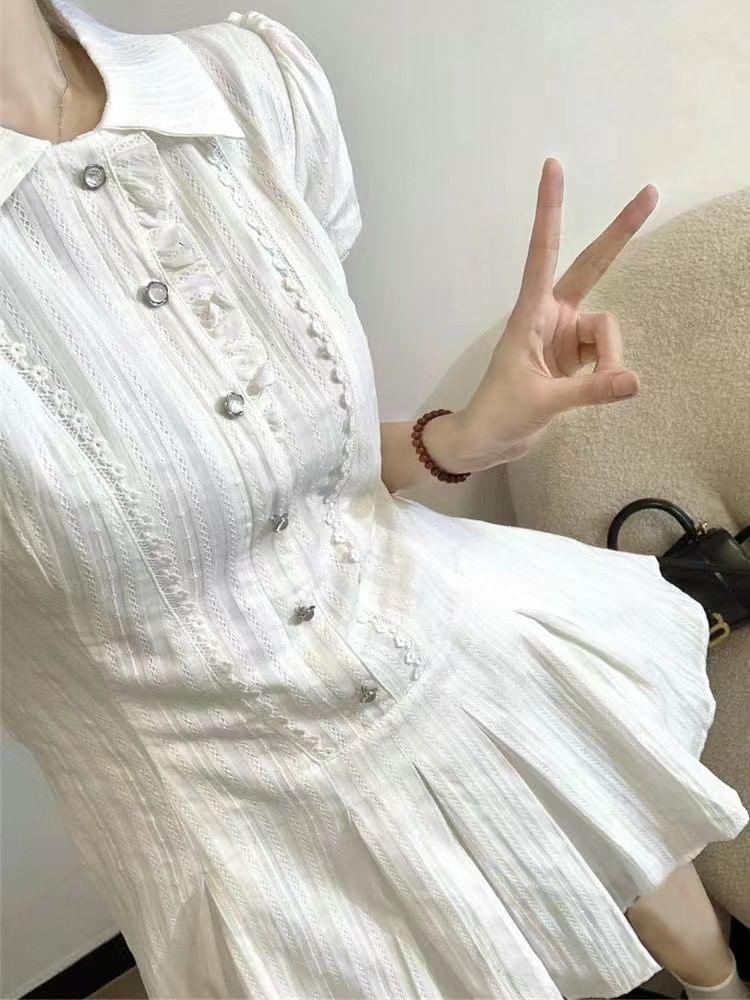 Short-Sleeve Collared Mini A-Line Shirt Dress Product Image