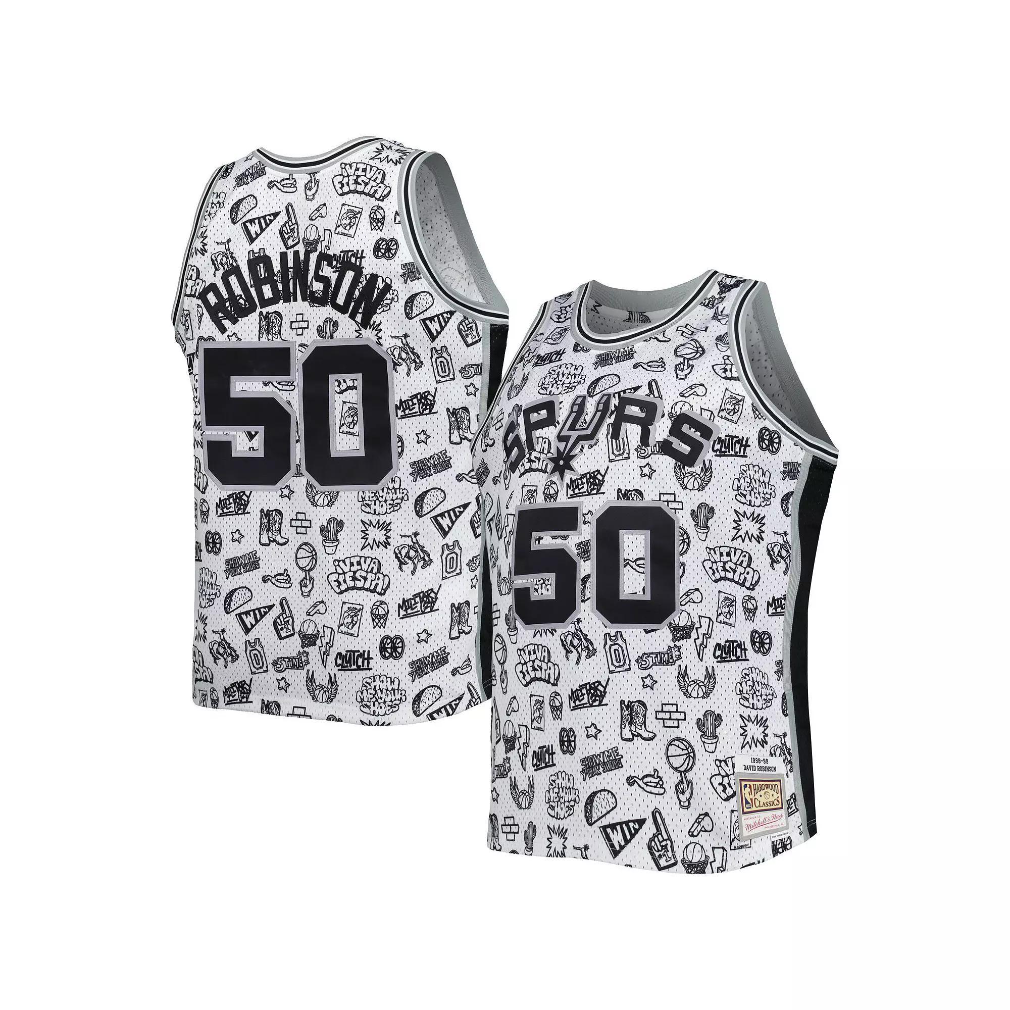 Men's Mitchell & Ness David Robinson White San Antonio Spurs 1998-99 Hardwood Classics Doodle Swingman Player Jersey, Size: Medium Product Image