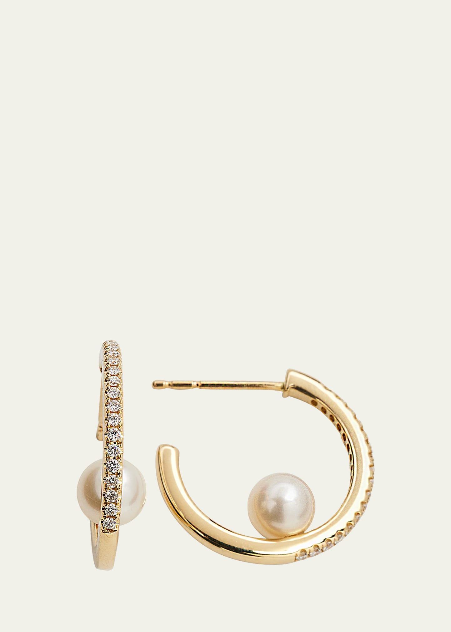 Pave Diamond Hoop Earrings with Freshwater Pearls Product Image