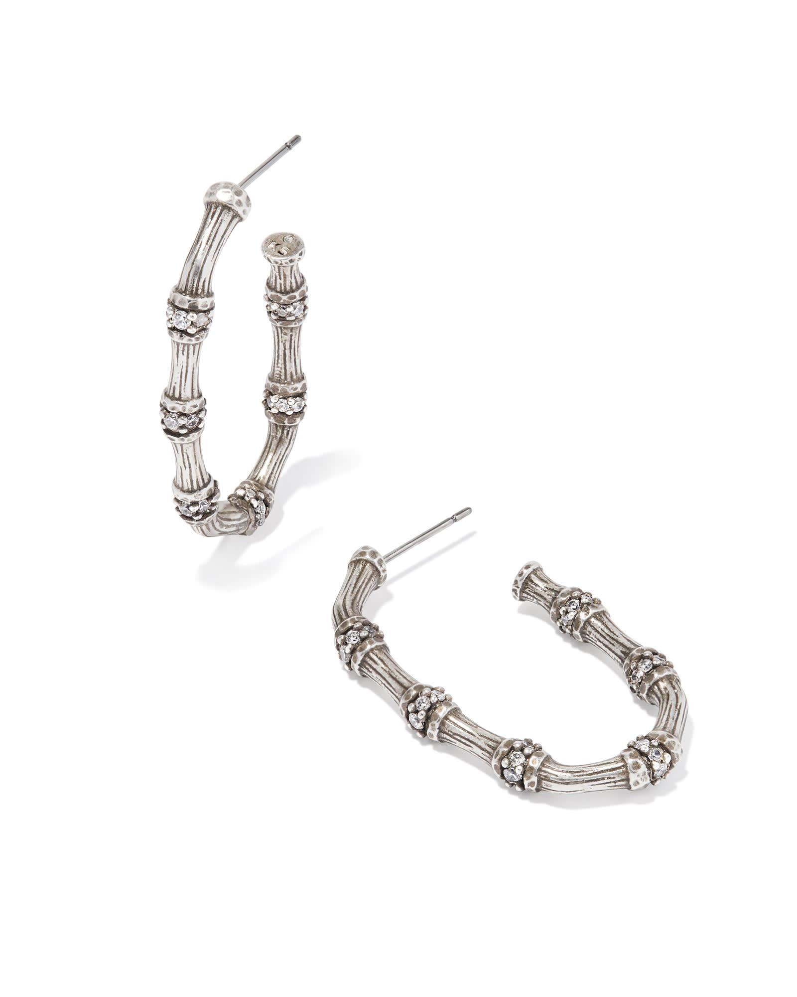 Maura Vintage Silver Bamboo Hoop Earrings in White CZ Product Image