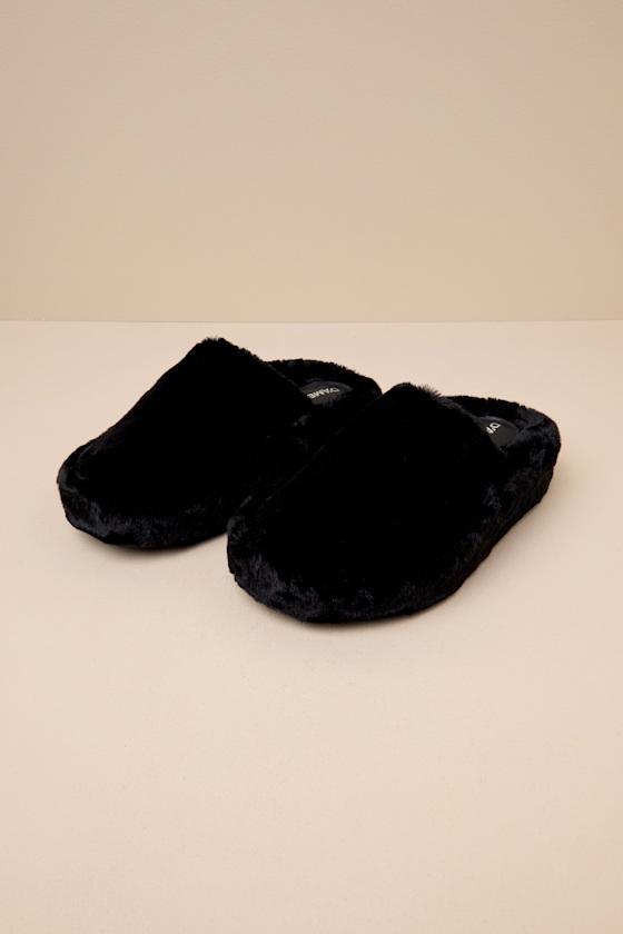 Socozee Black Faux Fur Flatform Slippers Product Image