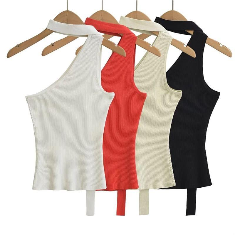 Sleeveless One Shoulder Plain Knit Top Product Image